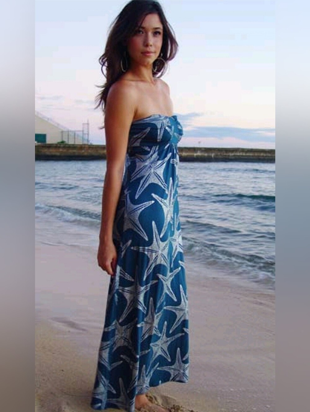 Fighting Eel Starfish Strapless Maxi Dress, Navy Blue/Silver Starfish, L